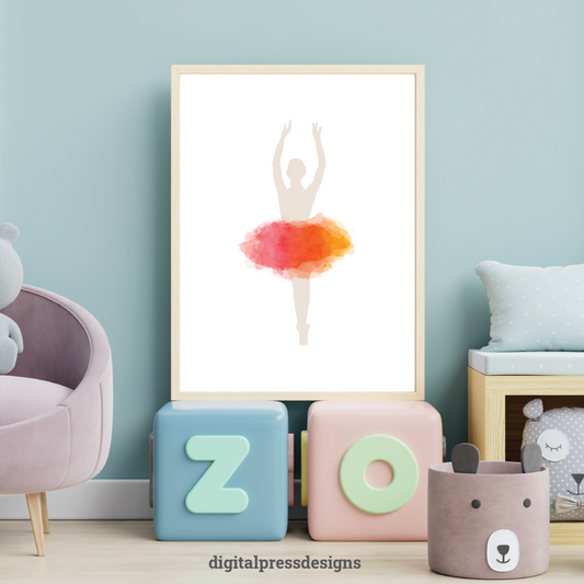 Wall Art Ballerina Watercolor Silhouette Orange Pink | Printable Ballerina Wall Art | Digital Wall Art | Baby Girl Ballerina Art